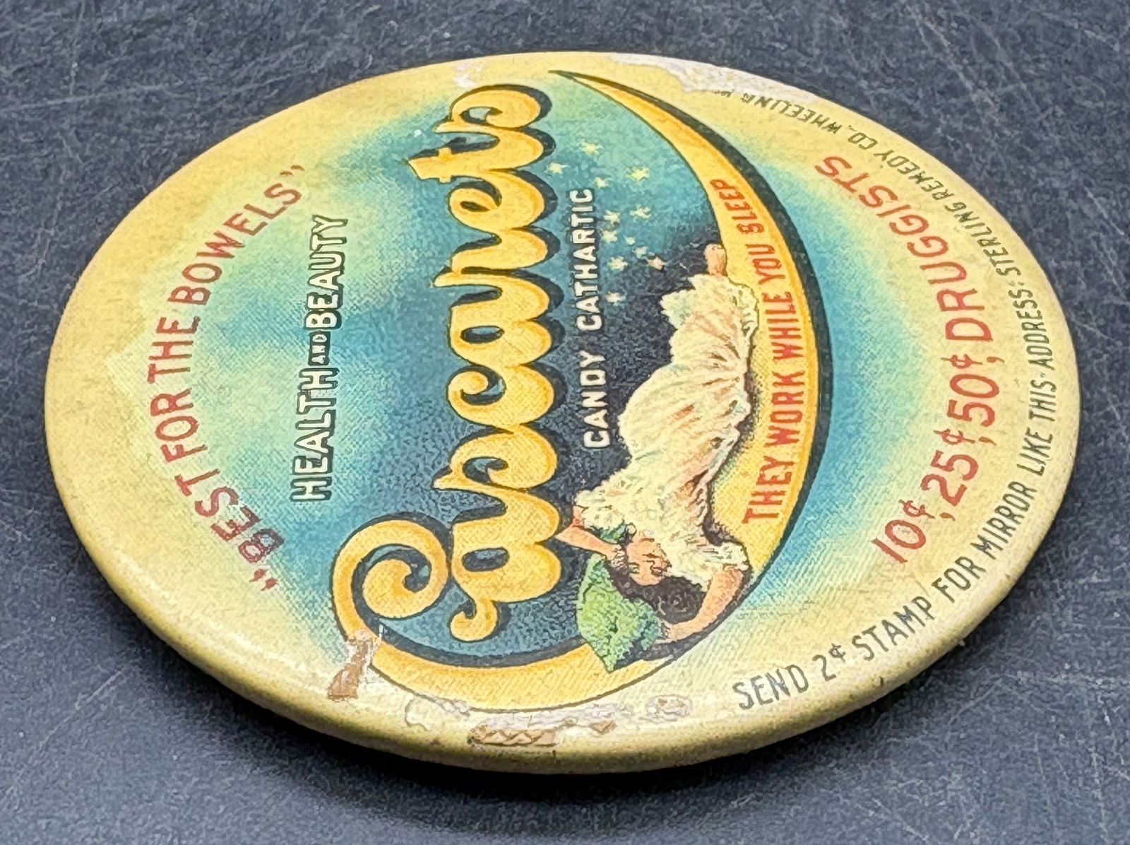 Antique Advertising Pocket Mirror Cascarets "Best For The Bowel's" Wheeling WV - 5