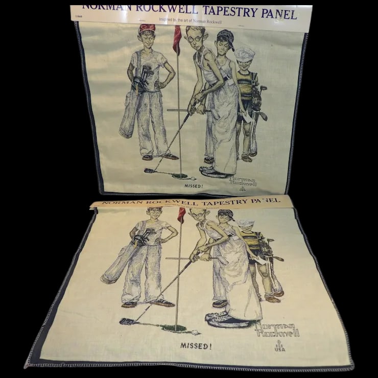 Norman Rockwell Tapestry Panel by Oakhurst Textiles Inc.: This pair Norman Rockwell Tapestry Panel by Oakhurst Textiles Inc. is NOS and may be used for pillows, framing, wall hangings, wearable art. Sold as a matched pair for pillows. This would be a unique