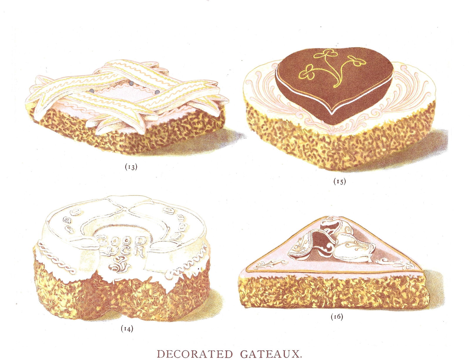 Decorated Gateaux - antique print: Lot Title: Decorated Gateaux - antique printAuthor/Artist: T. Percy LewisDate: c1903Source: "The Book of Cakes"Size/Format: 11.5 x 8.5 inchesProcess: ChromolithographyAdditional Information: