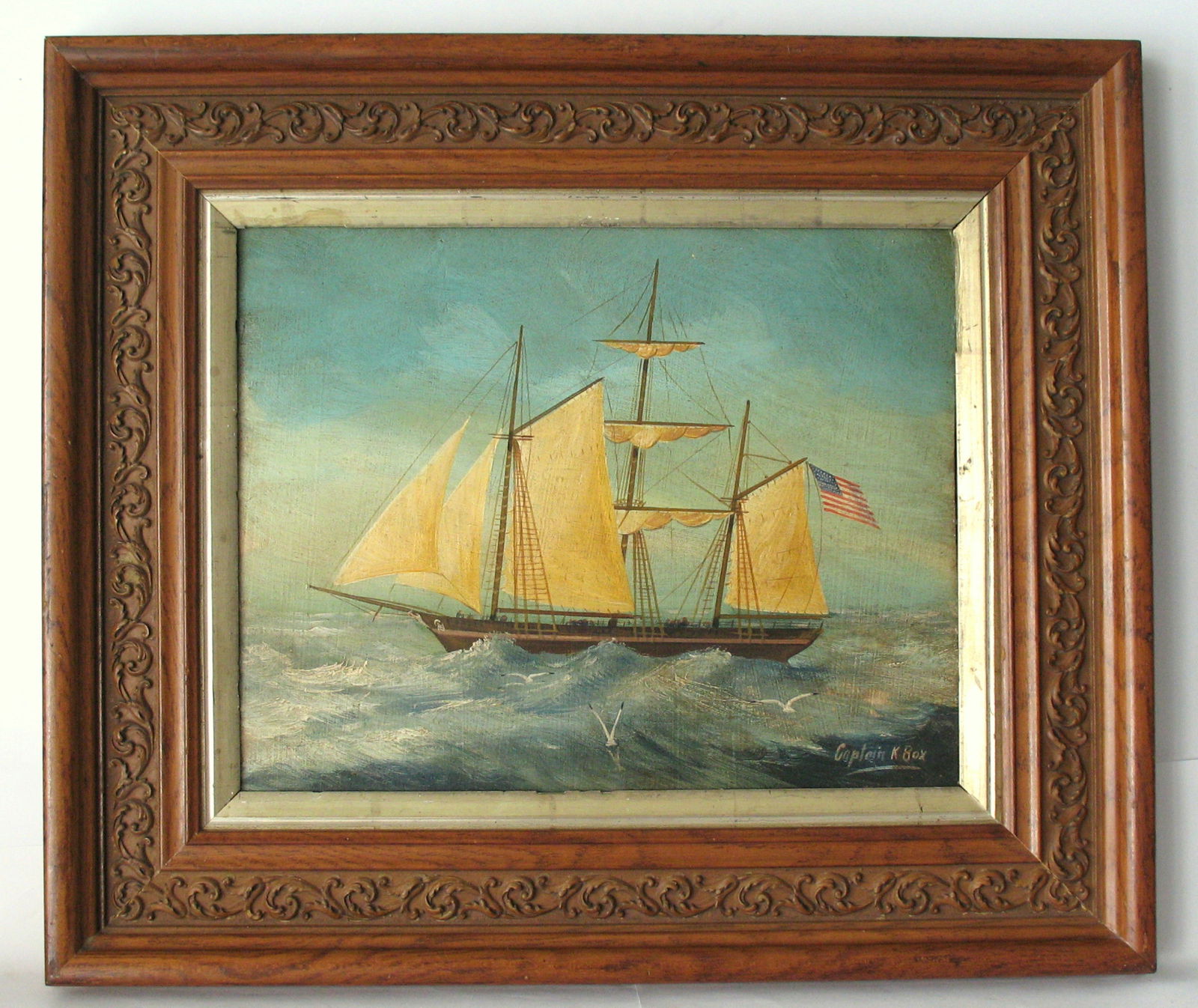 Antique oil on board painting of 3 masted sailing ship, signed. (1 of 10)