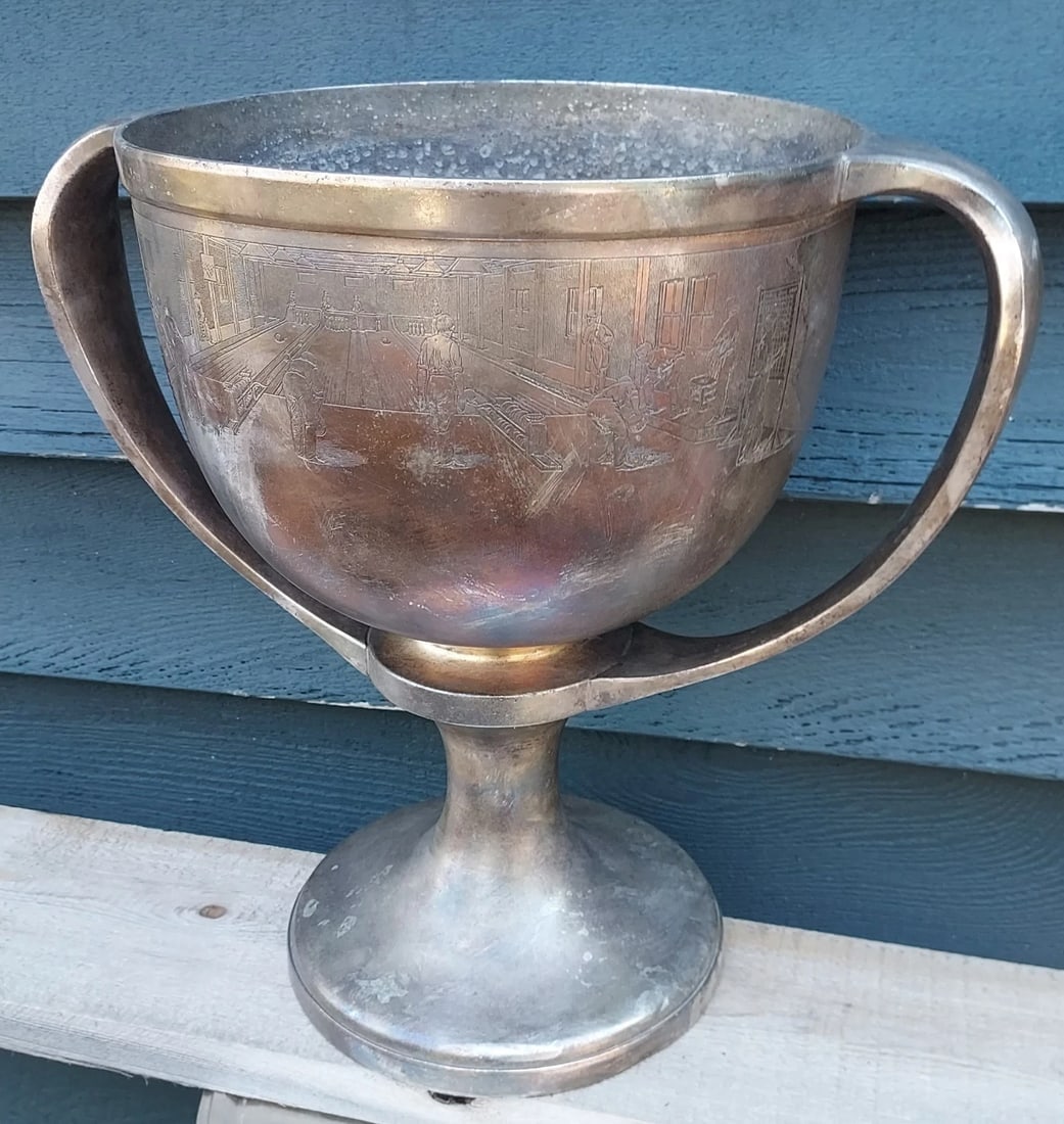 Monumental New BRITAIN INDUSTRIAL BOWLING Loving cup Trophy ENGRAVED 1919: Fantastic looking piece in very good condition. Engraving is amazing. Inside of bowling alley. Measures 14" tall. Shipping costs include insurance. Shipping:Domestic: Flat-rate of $45.00 to anywhere