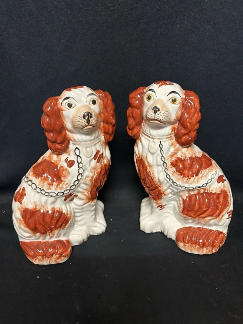 Pr Staffordshire Spaniel Dogs: They measure 9 3/4” x 6”x 3” and date around the 1880’s. They have no chips, cracks or repairs Shipping:Domestic: Flat-rate of $20.00 to anywhere within the contiguous