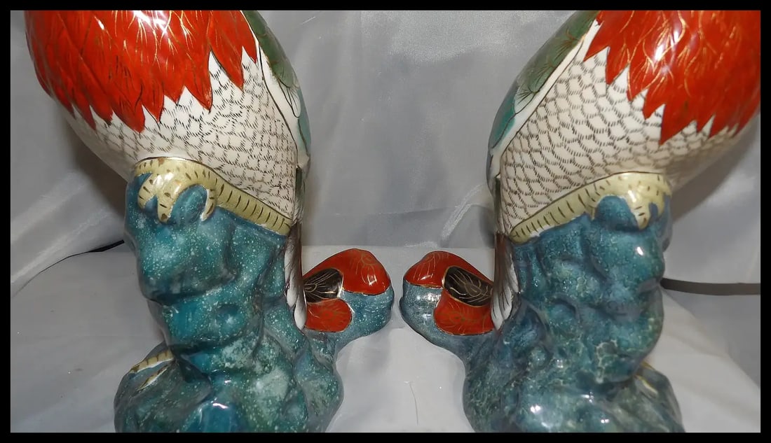 Pair of 17” tall Japanese Showa Period Kutani Bird Statues - 10