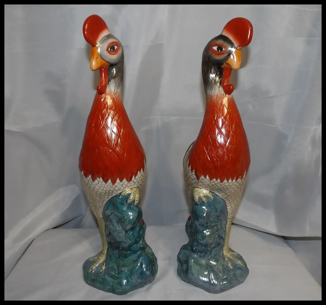 Pair of 17” tall Japanese Showa Period Kutani Bird Statues - 2