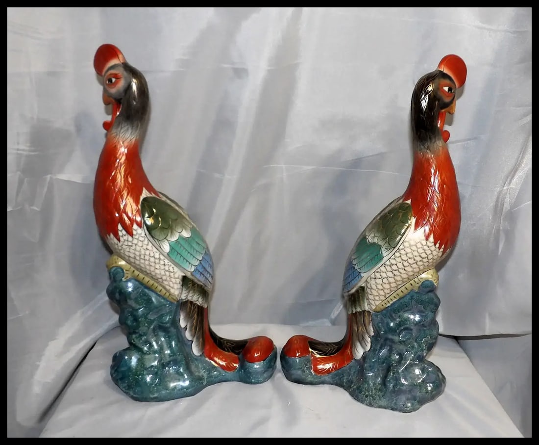Pair of 17” tall Japanese Showa Period Kutani Bird Statues - 3