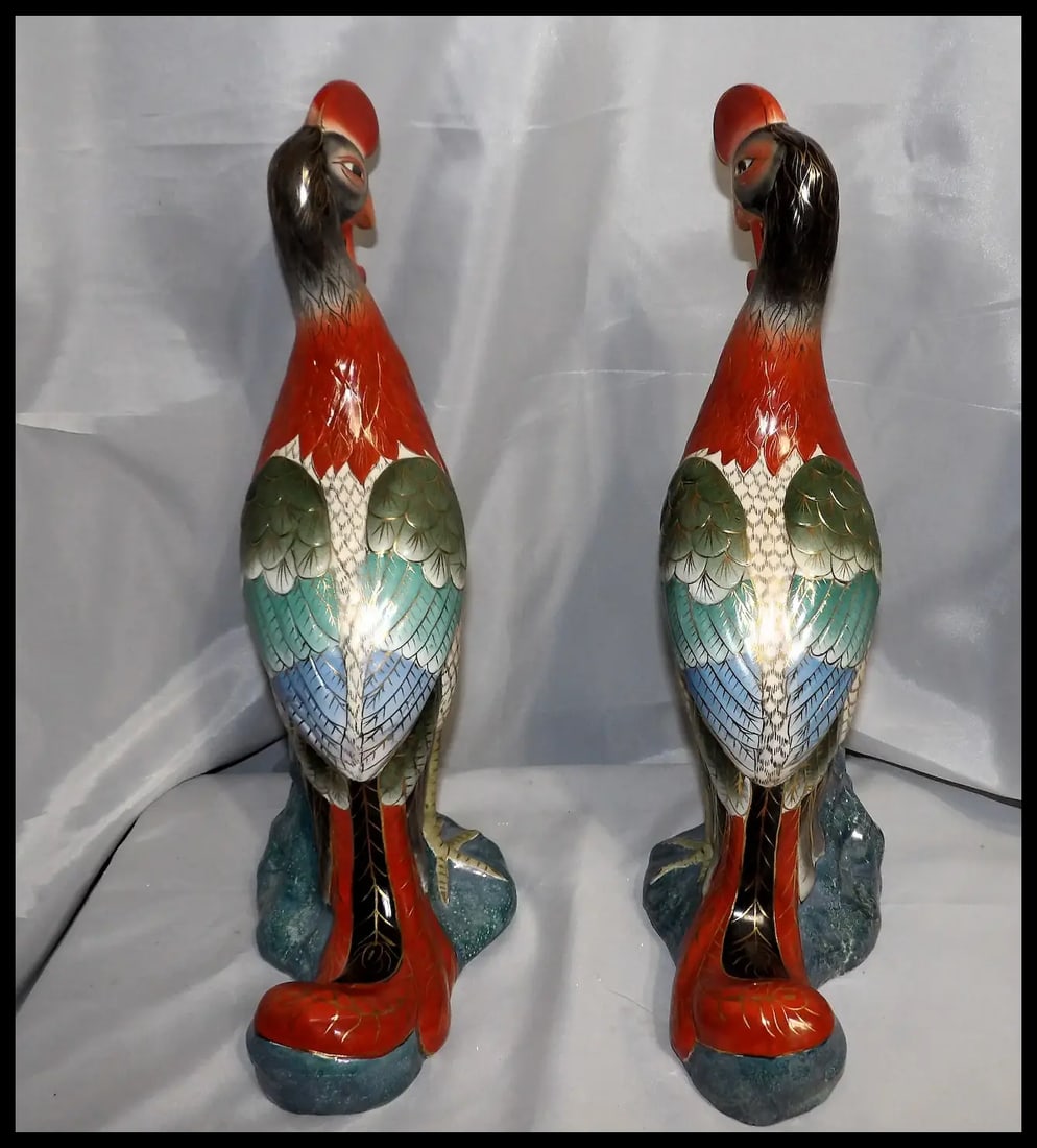 Pair of 17” tall Japanese Showa Period Kutani Bird Statues - 4