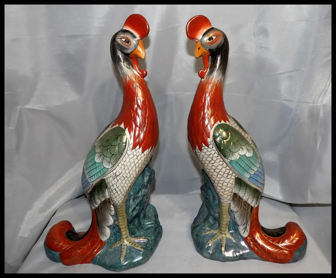 Pair of 17” tall Japanese Showa Period Kutani Bird Statues - 5