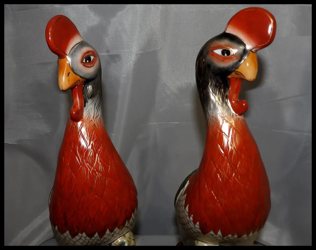 Pair of 17” tall Japanese Showa Period Kutani Bird Statues - 6