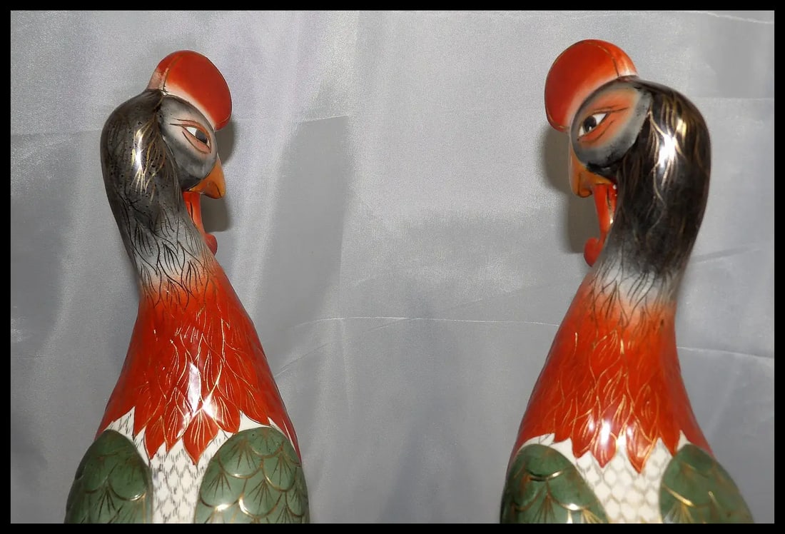 Pair of 17” tall Japanese Showa Period Kutani Bird Statues - 7