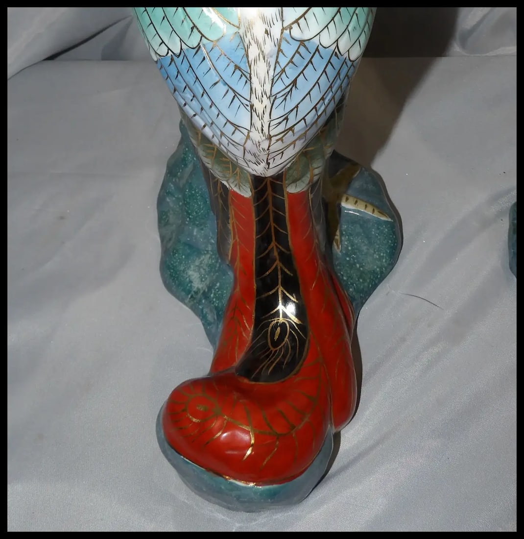 Pair of 17” tall Japanese Showa Period Kutani Bird Statues - 8