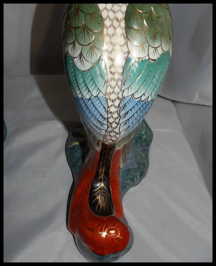 Pair of 17” tall Japanese Showa Period Kutani Bird Statues - 9