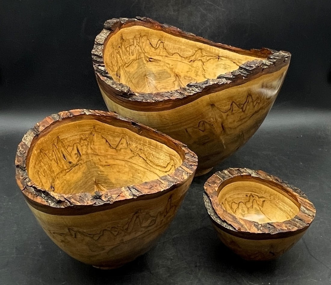 Amazing Turned Burl Wood Nesting Bowls Live Edge: Date/Period: unknownDimension: lg 8" tall x 10.5 x 10", med 5.5 tall x 7.5" x 7", small: 3" tall x 5" x 4.5"Material: woodAdditional Information: Amazing Turned Burl Wood Nesting Bowls Live Edge 