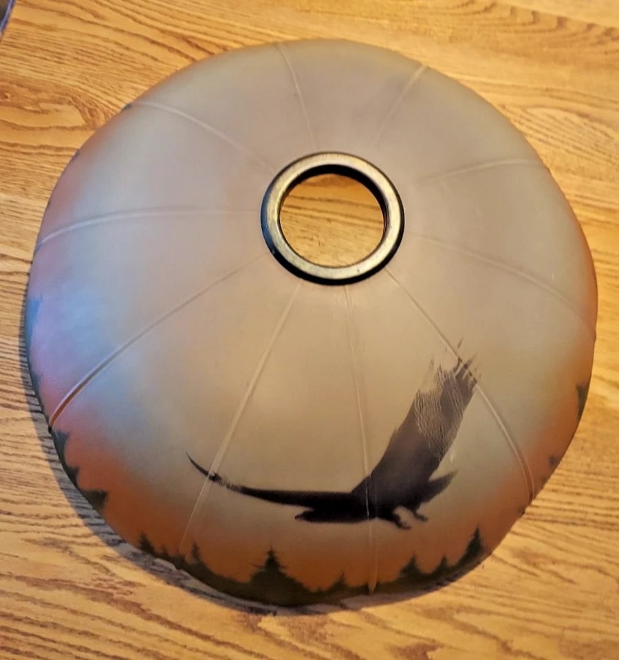 Rare Reverse Paint shade Trees Bird Of Prey: Rare shade in excellent condition. 18" in diameter . 2 3/4 opening in top WHICH I HAVE never seen before and i have had 100's of shades. Green tree edge and black eagle with some fading. Will double