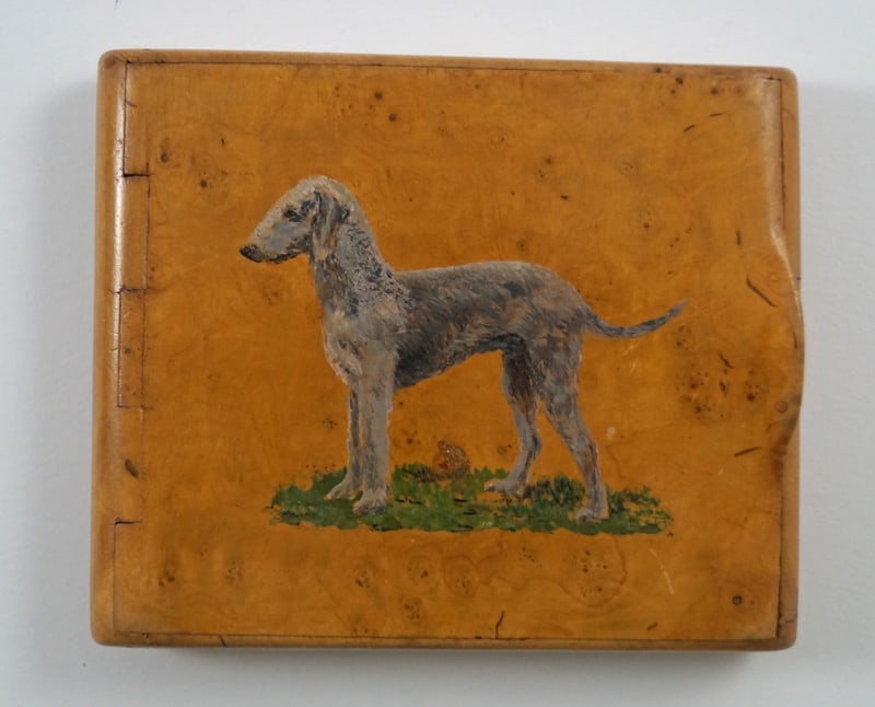Antique Bedlington Terrier Dog Burl Wood Box: Title: Antique Bedlington Terrier Dog Burl Wood BoxDimension: 3 1/8” Height x 3 ¾” Length x ½” ThickDate: Ca. 1920’sAdditional Information: Exquisite Antique burl