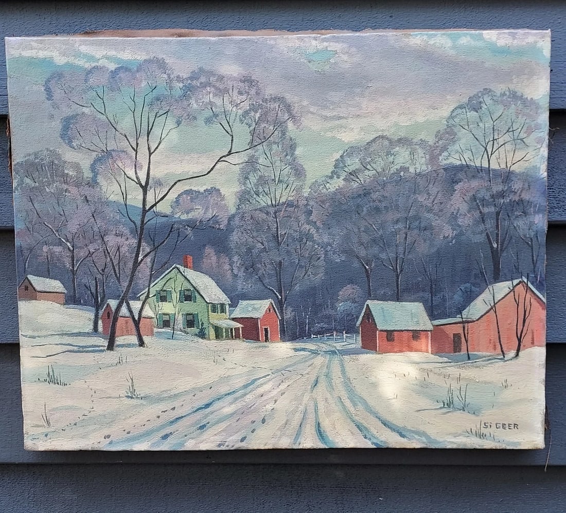 oil painting On Canvas Snow Scene farm With Green House Signed Si Greer: Great looking piece in excellent condition. Love the green houseColors pop. Guessing from 1920's . Measures 15 x 19". Shipping charges include insurance. Shipping:Domestic: Flat-rate of $45.00 to
