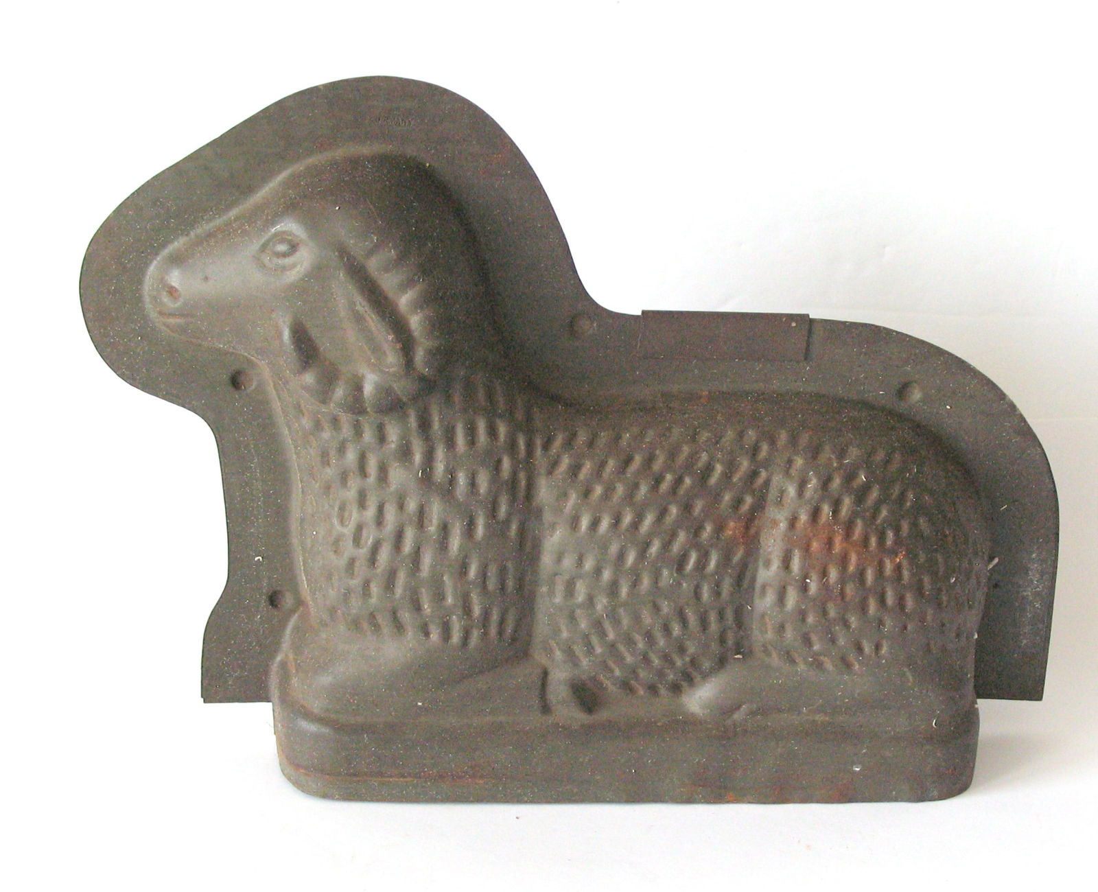 Antique two piece tin sheep sharped butter mold. - 2