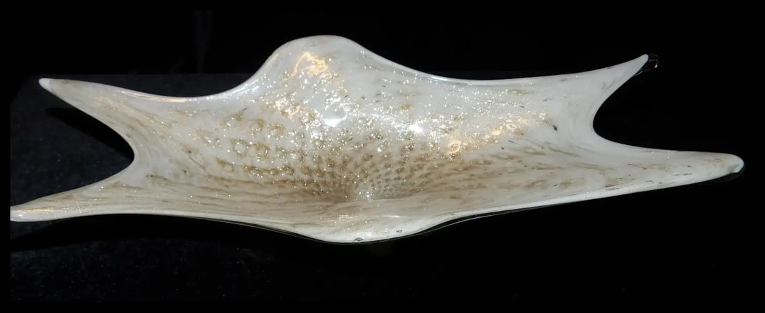 Rare Mid-Century Murano Art Glass Centerpiece White with Gold Aventurine - 5