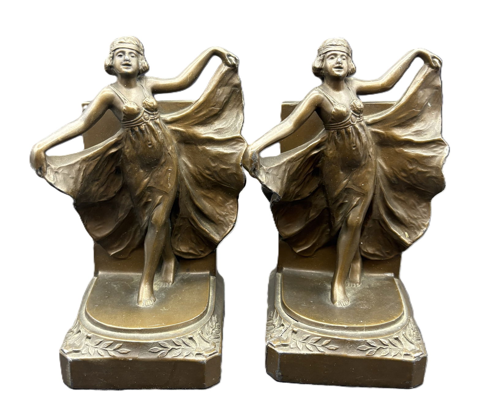 Antique 1920’s Loie Fuller Bronze Art Deco “Serpentine Dance” Girls Bookends: Date/Period: Approx. 1920'sDimension: Approx. 7" x 4" x 3.5"Material: bronze over a silver metal they are quite heavyAdditional Information: Antique 1920’s Loie Fuller Bronze Art Deco