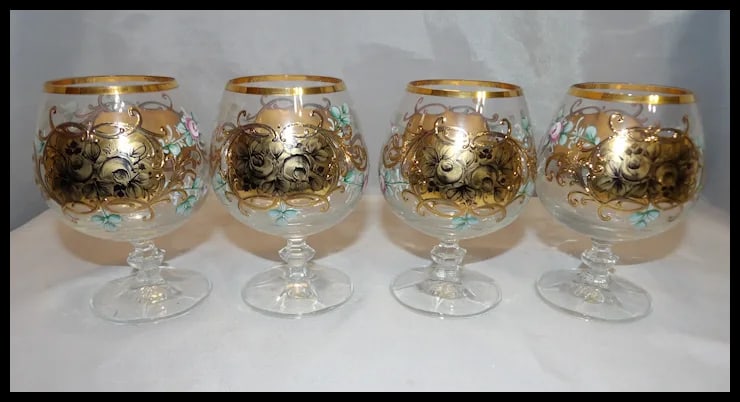 Bohemian Hand Painted Brandy/Cognac Sniffers with 22kt Gold Accents with Presentation Box - 11