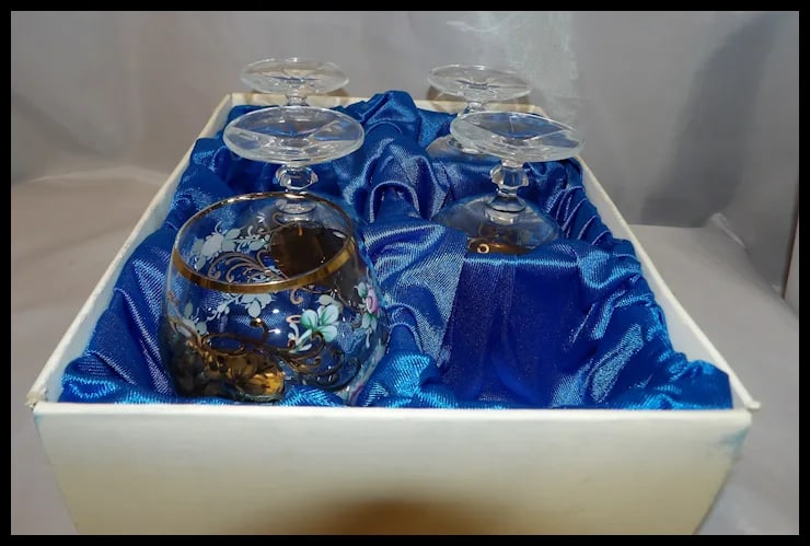 Bohemian Hand Painted Brandy/Cognac Sniffers with 22kt Gold Accents with Presentation Box - 14