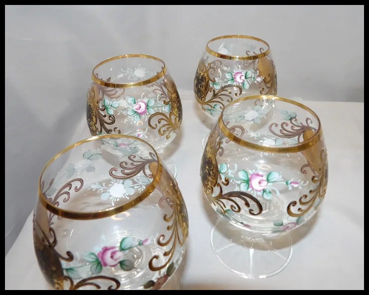 Bohemian Hand Painted Brandy/Cognac Sniffers with 22kt Gold Accents with Presentation Box - 15