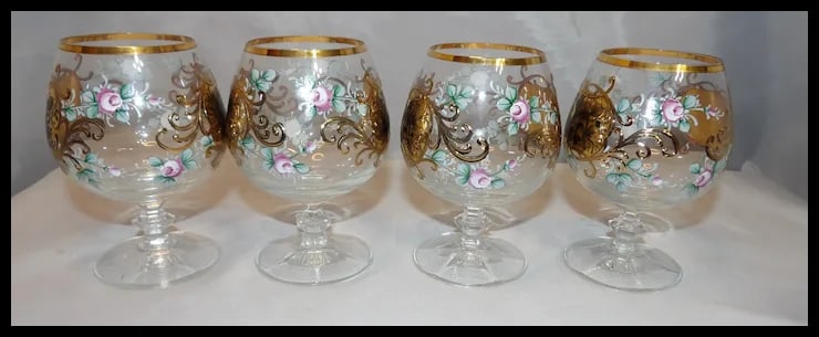 Bohemian Hand Painted Brandy/Cognac Sniffers with 22kt Gold Accents with Presentation Box - 3