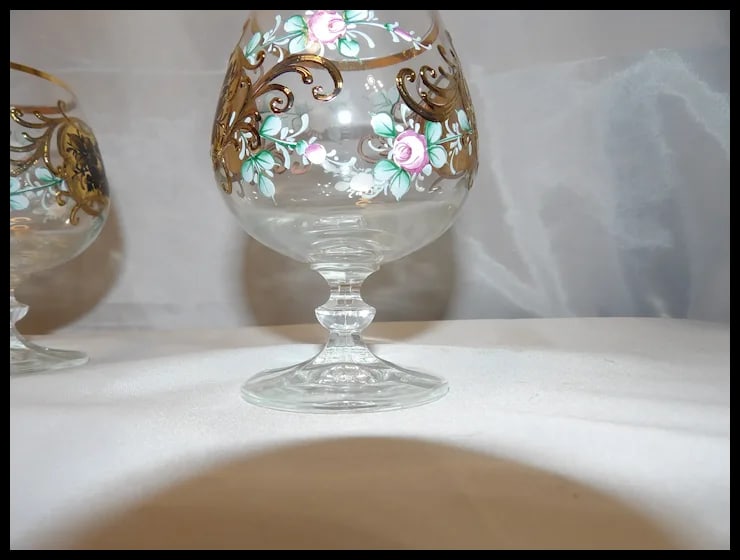 Bohemian Hand Painted Brandy/Cognac Sniffers with 22kt Gold Accents with Presentation Box - 6