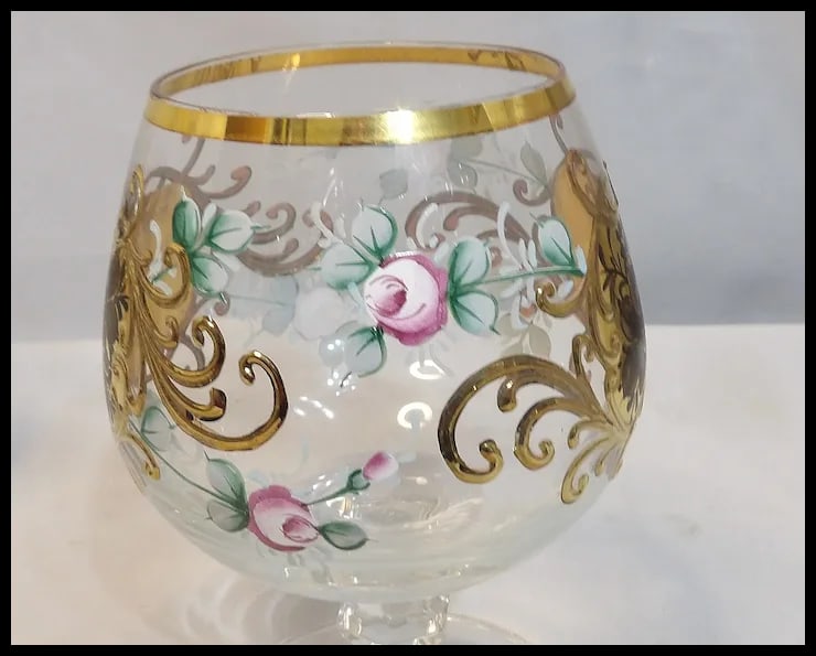 Bohemian Hand Painted Brandy/Cognac Sniffers with 22kt Gold Accents with Presentation Box - 9