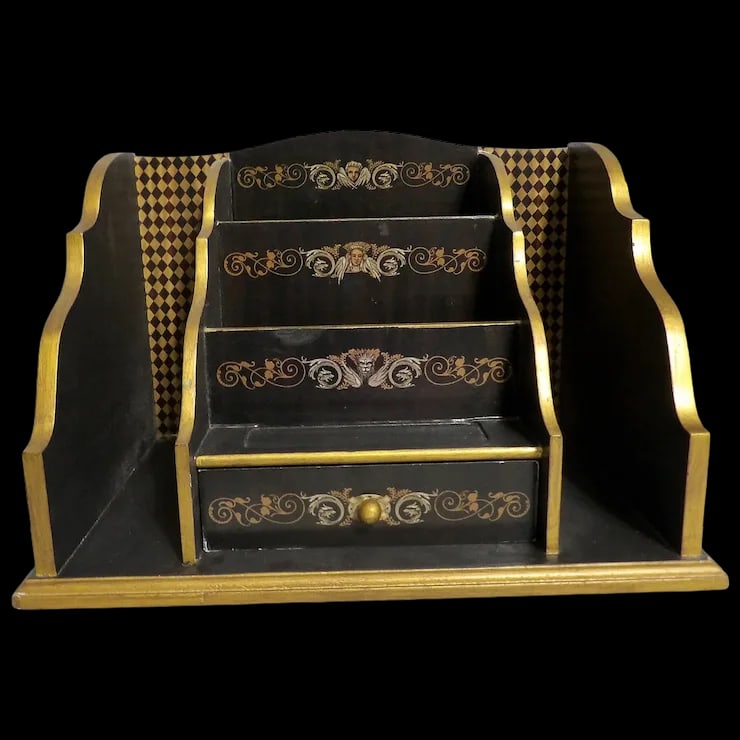 Vintage Ornate Desk Organizer with Drawe: This Vintage Ornate Desk Organizer with Drawer is unique in style. I could not find another like it. It is in very good condition, with the exception of a few small paint chips (see photos). The