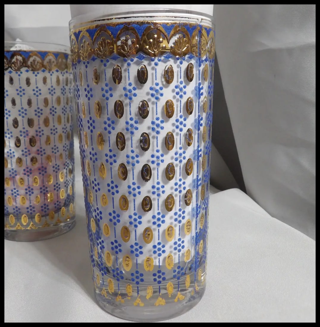 RARE Culver 22k Gold Blue Highball Glasses - 10
