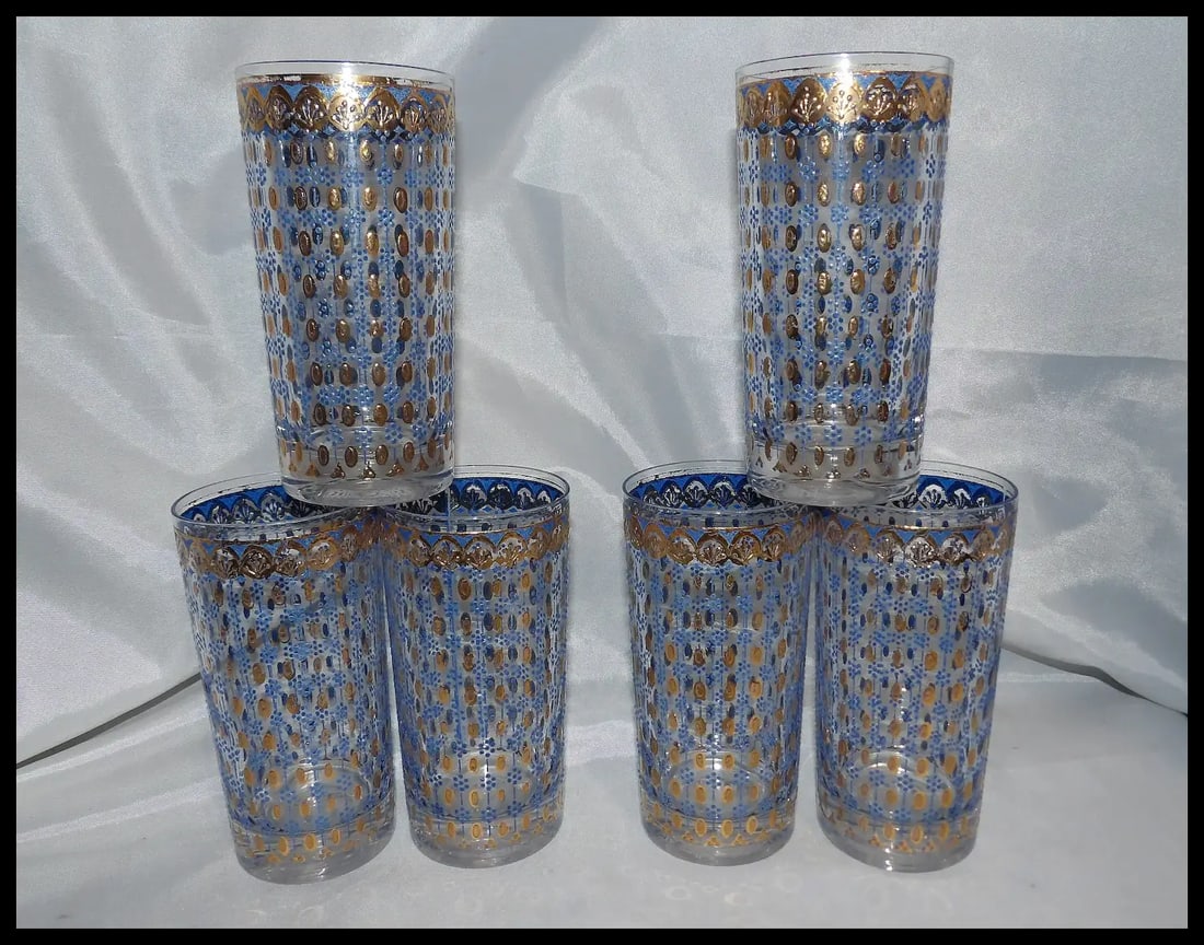 RARE Culver 22k Gold Blue Highball Glasses - 2