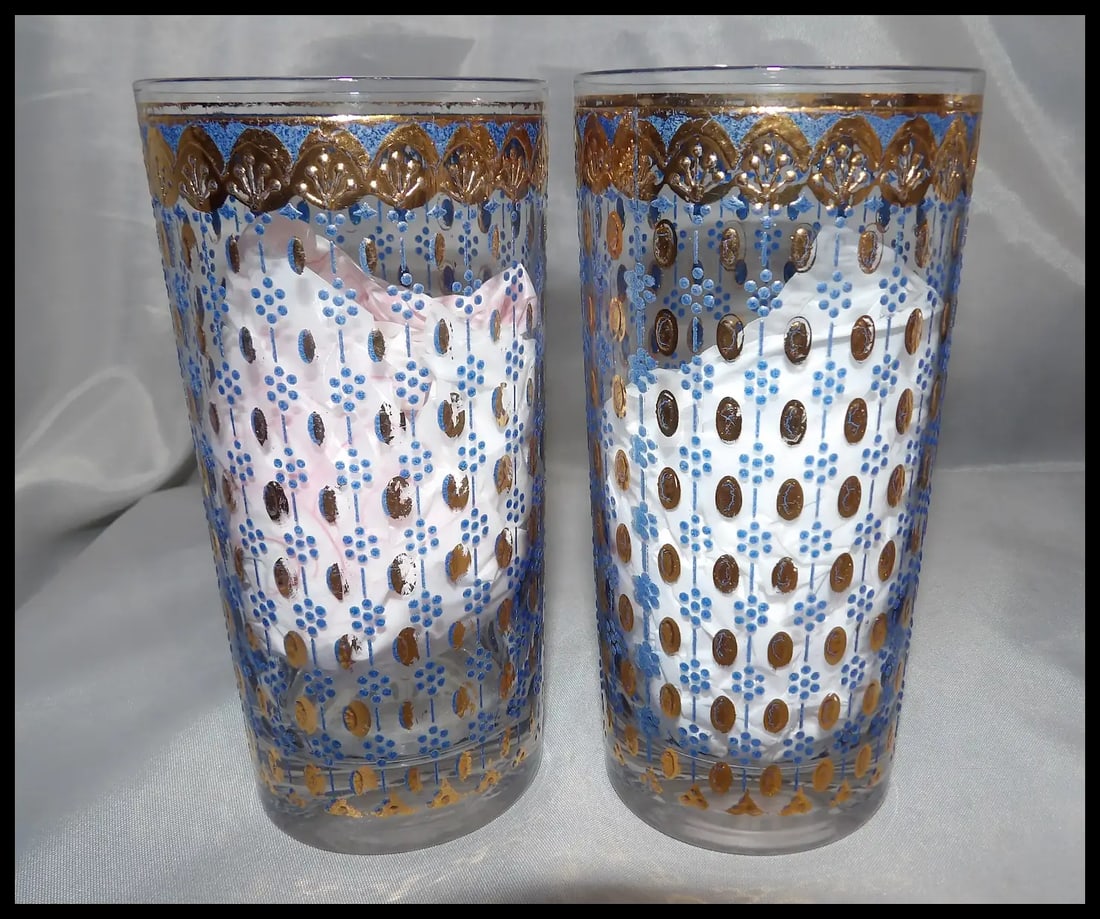 RARE Culver 22k Gold Blue Highball Glasses - 6