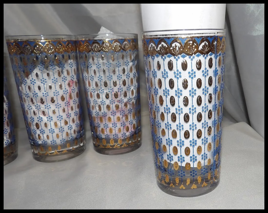 RARE Culver 22k Gold Blue Highball Glasses - 9