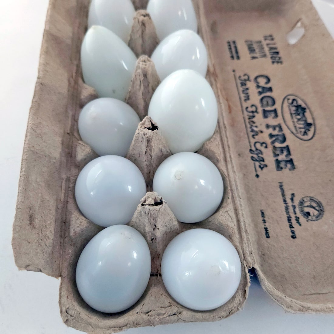 One Dozen White Glass Hand Blown Brooding Eggs - 6