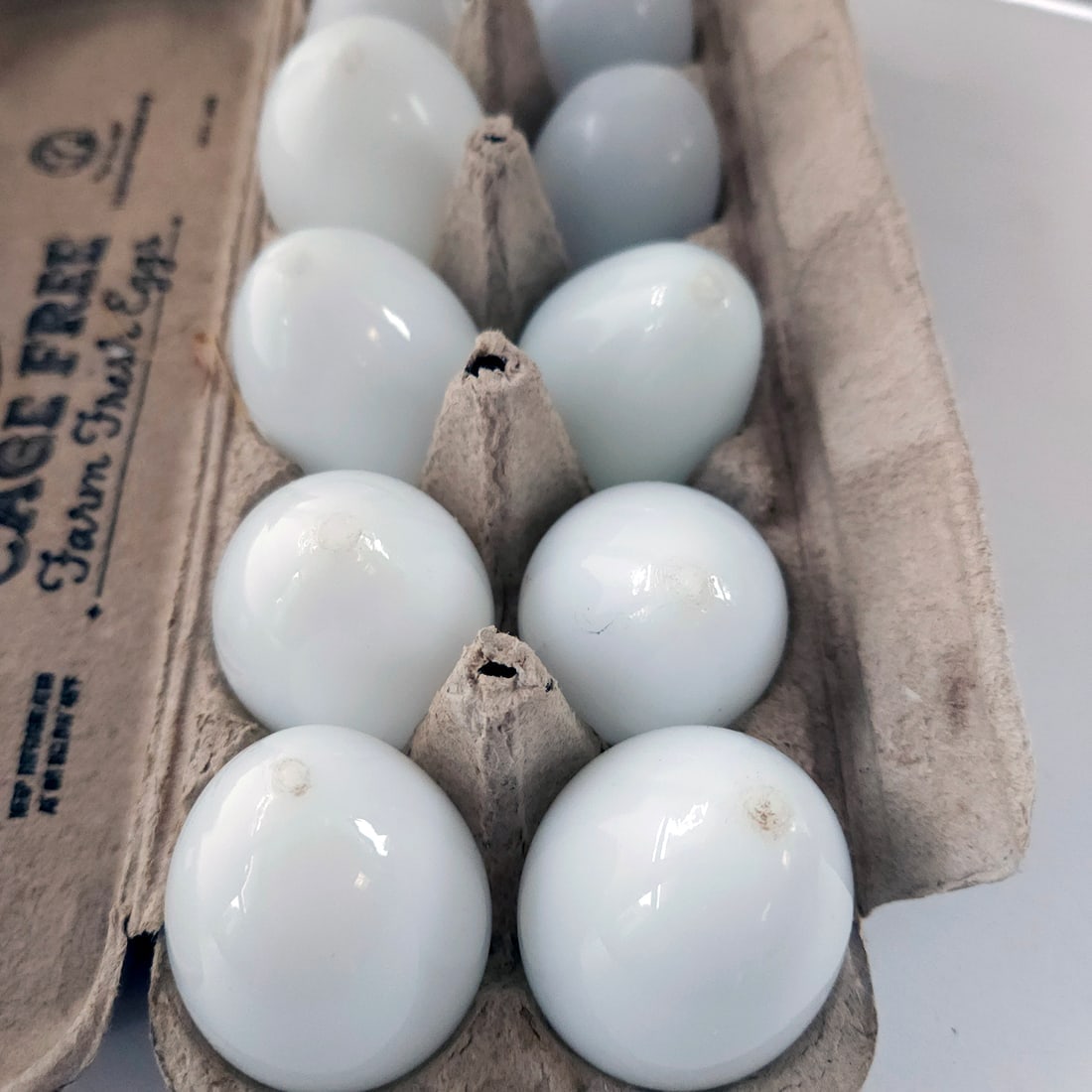 One Dozen White Glass Hand Blown Brooding Eggs - 7
