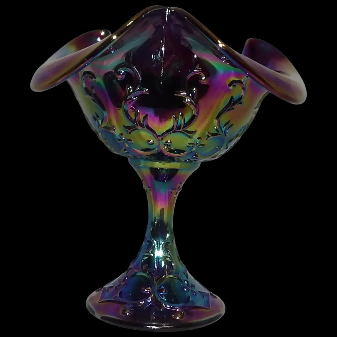 Fenton Amethyst Spanish Lace Carnival Glass Small Compot: This Fenton Amethyst Spanish Lace Carnival Glass Small Compote is in near MINT condition. The estate it came from never used their display items. This would be great for mints, nuts, etc. at a