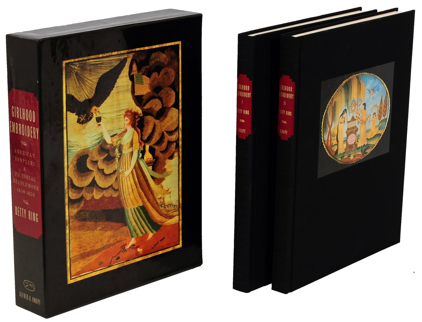 GIRLHOOD EMBROIDERY NEEDLEWORK SAMPLER BOOK – NEW, NEVER OPENED - BY BETTY RING: This first addition, two volume hardcover boxed set has never been opened and is still in its original clear protective plastic covering. Note: The picture is an identical open set, not the sealed