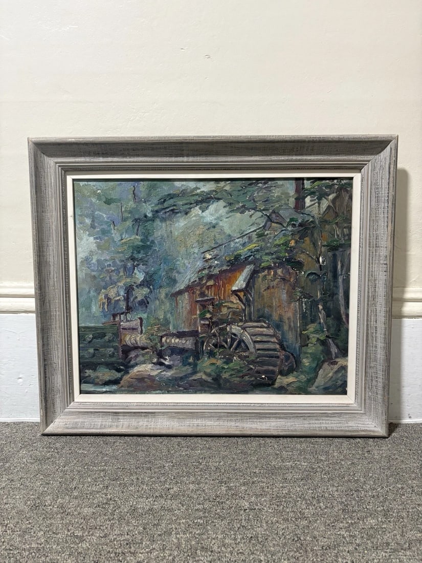 1960’s Oil On Board Covered Bridge Painting: The frame measures 24 3/4” x 20 3/4” and the board measures 20” x 16”. I believe it dates around the 1960’s. It is in good condition and is being sold as is 
