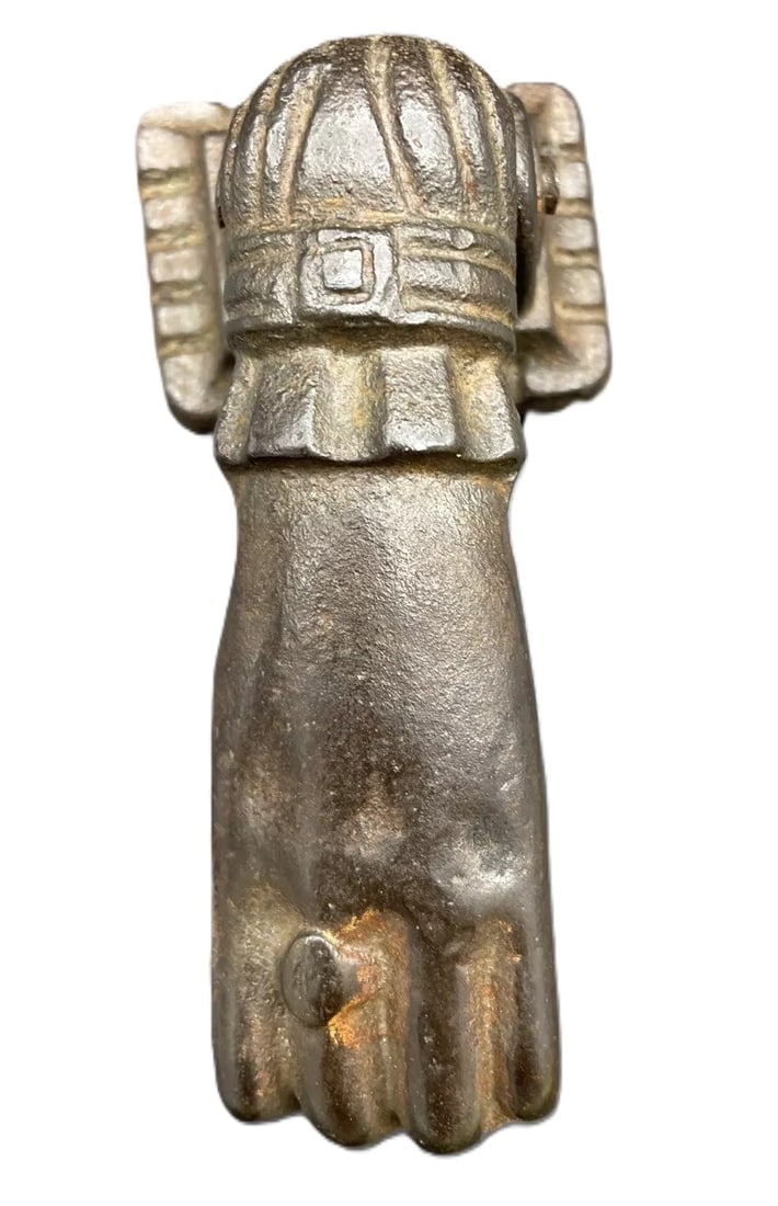 Antique Cast Iron Door Knocker HAND: Date/Period: approx late 1900's to early 1900'sDimension: Approx. 4.75" longMaterial: cast ironAdditional Information: An original antique hand with ball cast iron door knocker with mounting