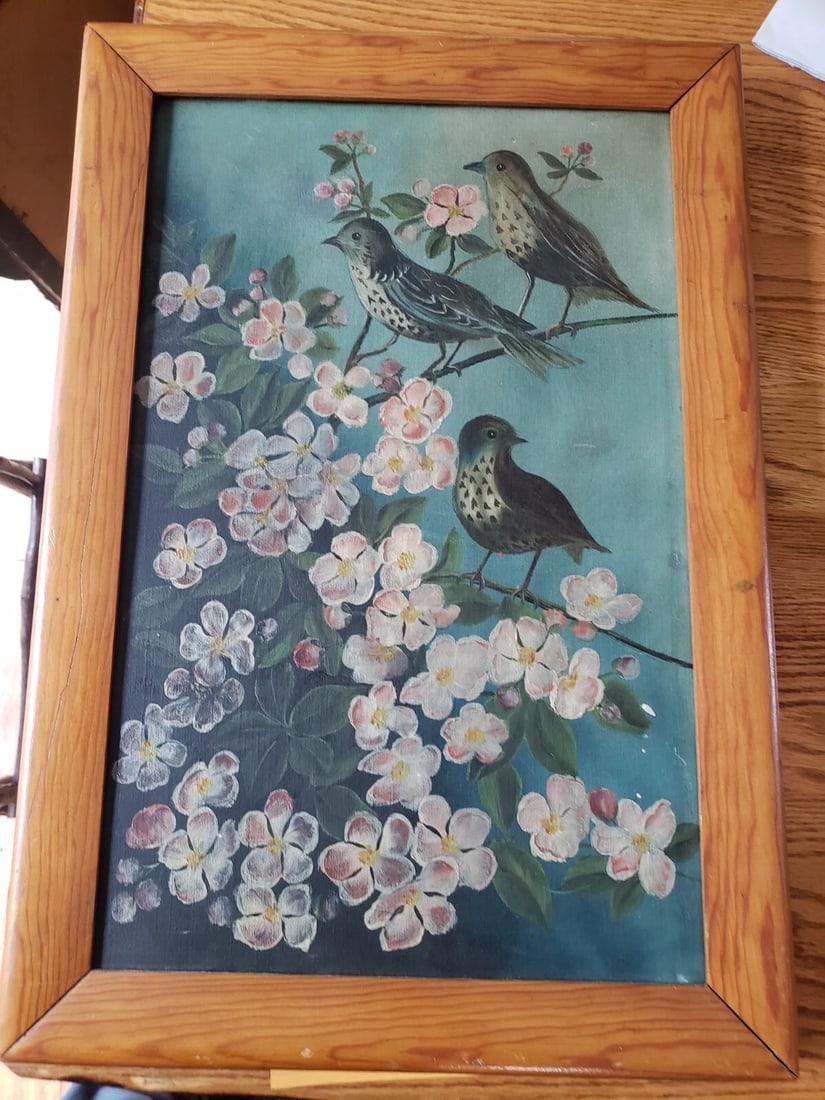 Birds in apple or cherry tree blossom Oil painting 19th century: Great looking piece in excellent condition. Bought a few paintings dating 19th century. Measurements on last photo . Shipping charges include insurance. Shipping:Domestic: Flat-rate of $35.00 to