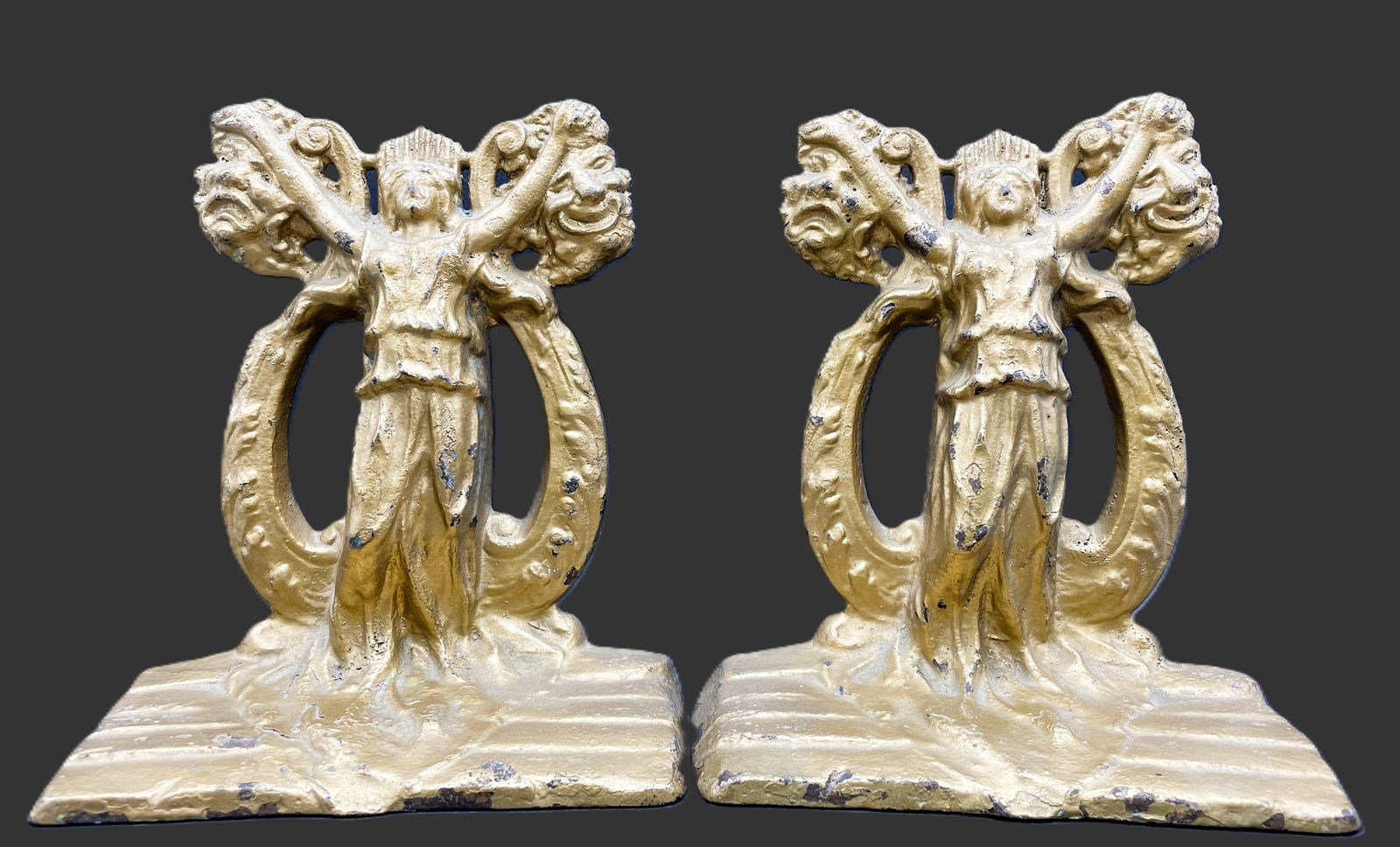 RARE C1925 "THESPIAN" CAST IRON BOOKENDS BY HUBLEY - DRAMA & COMEDY THEATER MUSE (1 of 7)