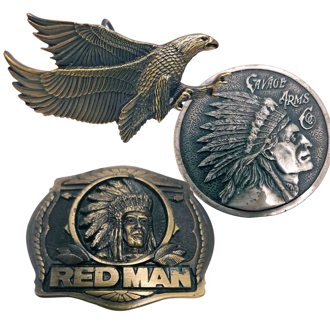Nice Set of 3 Brass Native American Belt Buckles: Title: Nice Set of 3 Brass Native American Belt BucklesDescription: Nice Set of 3 Brass Native American Belt Buckles Vintage Brass Eagle Belt Buckle 1979 Limited Edition the Great American Buckle Co