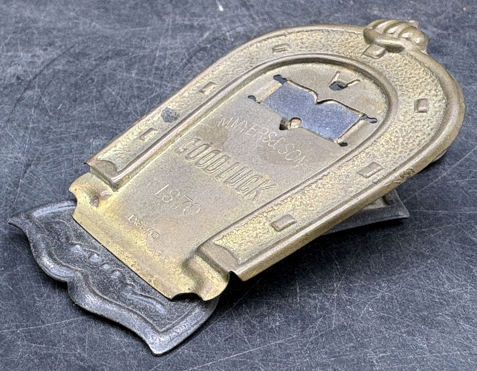 Antique HORSESHOE Brass PAPER CLIP "Good Luck" England 1870 M. Myers & Son (1 of 7)