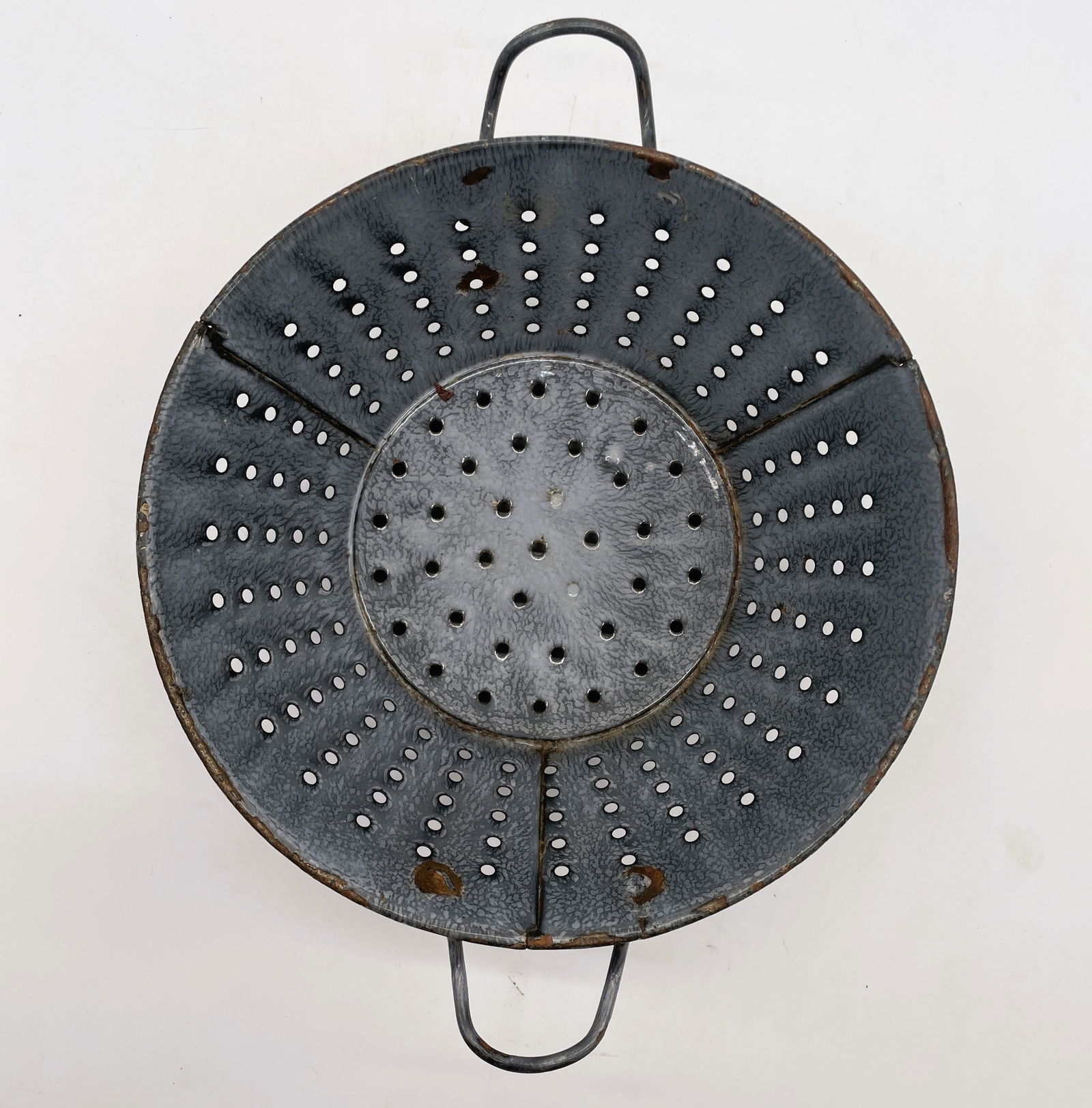 Vintage Old Enamelware Graniteware Gray Colander Strainer 2 Handled - 6