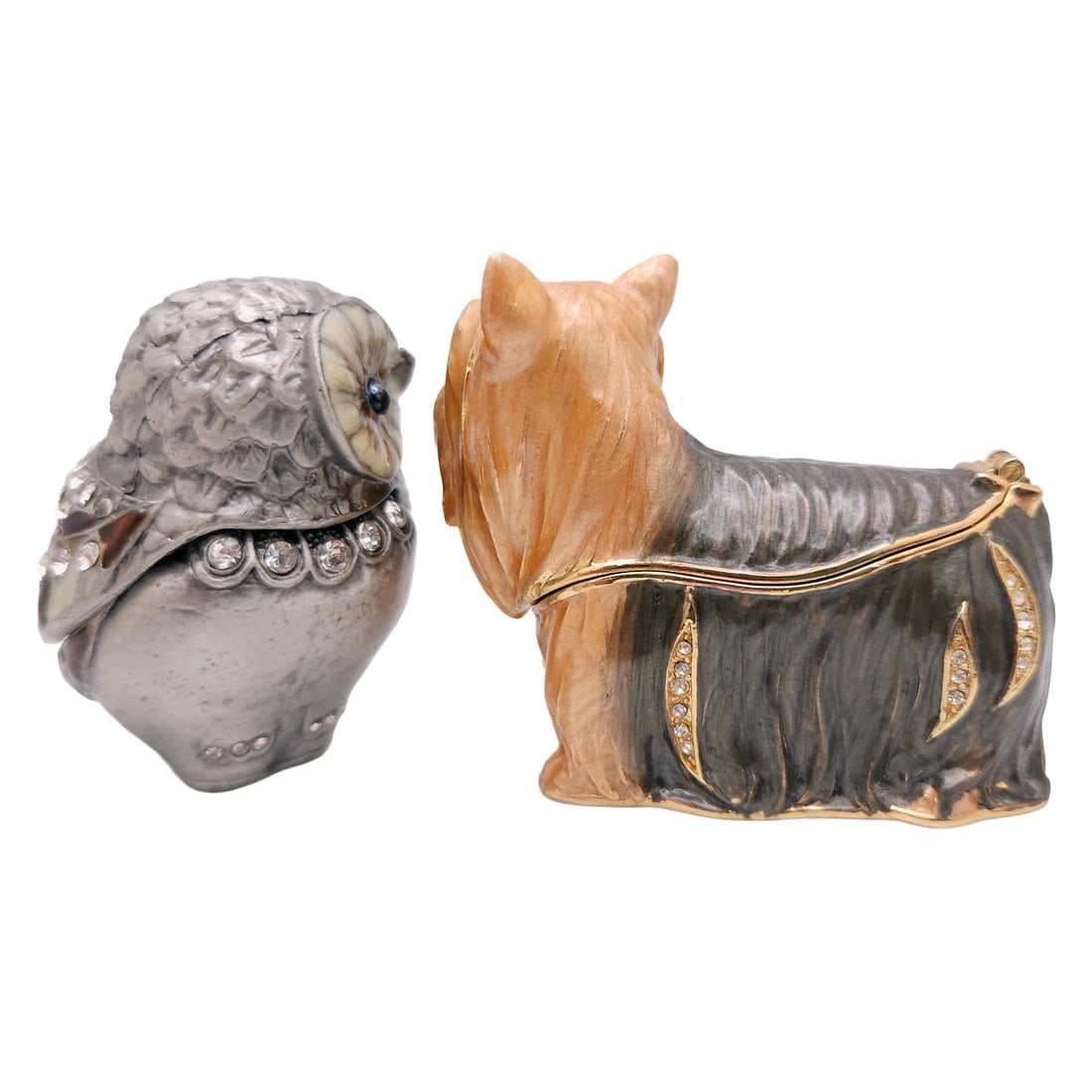 Pair of Bejeweled Enamel Trinket Boxes Owl and Yorkshire Terrier - 4