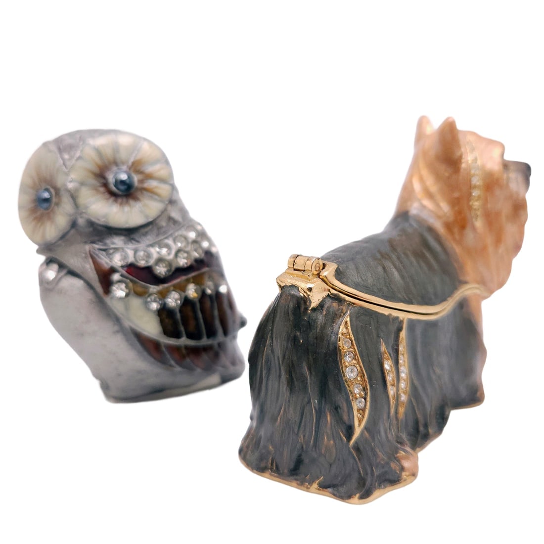 Pair of Bejeweled Enamel Trinket Boxes Owl and Yorkshire Terrier - 5
