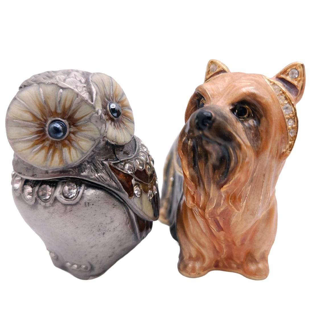 Pair of Bejeweled Enamel Trinket Boxes Owl and Yorkshire Terrier - 6