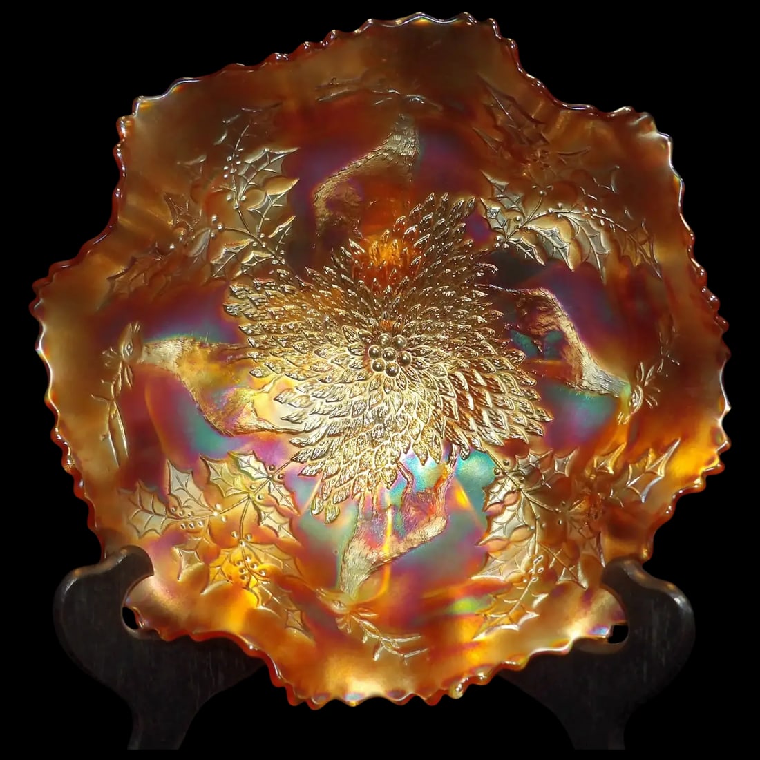 Antique Fenton Carnival Glass Stag and Holly Large Crimped Bowl (1 of 9)