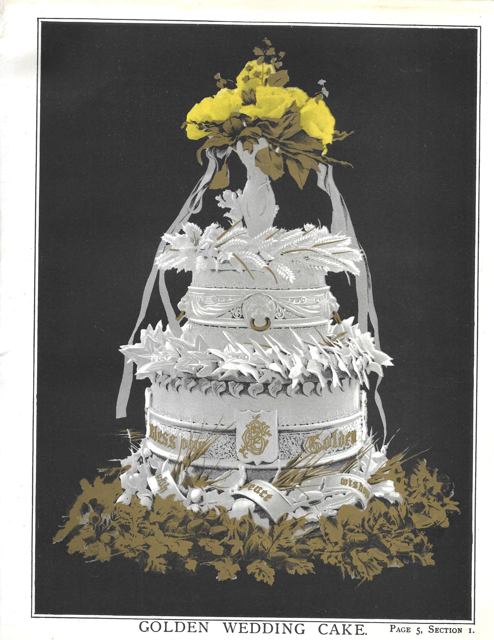 Golden Wedding Cake - antique print: Lot Title: Golden Wedding Cake - antique printAuthor/Artist: T. Percy LewisDate: c1903Source: "The Book of Cakes"Size/Format: 11.5 x 8.5 inchesProcess: ChromolithographyAdditional Information: