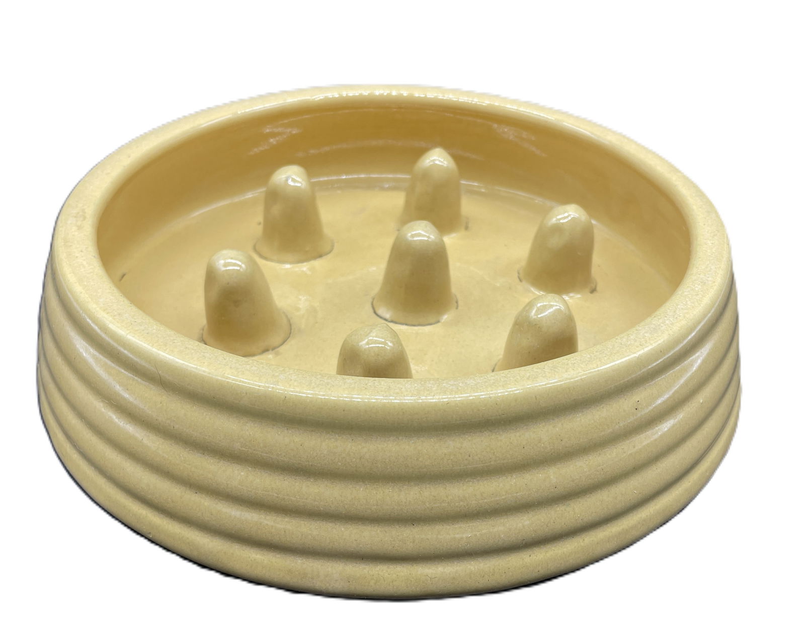 Vintage Yellow Art Pottery Dog Bowl Food Bowl: Date/Period: unknownDimension: Approx. 9" diameter by 2" tallMaterial: potteryAdditional Information: Vintage Yellow Art Pottery Slow Feeder Style Dog Bowl Food Bowl Shipping:Domestic: Flat-rate of